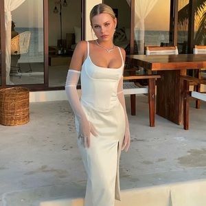 House of CB Casimira White Corseted Satin Midi Dress. Size Medium